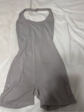 Ribbed Halter-Back Jumpsuit Romper in Light Gray